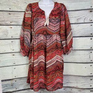 Umgee USA Boho Peasant Dress Size M Long Sleeve Tie Neck Multicolor Print
